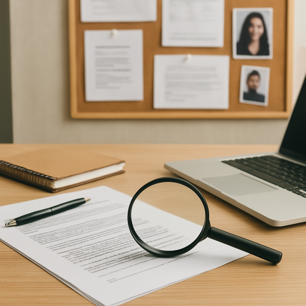 문서와 메모가 정돈된 탐정용 책상 위에 지도, 분석 표, 증거물 파일, 필기 도구 등이 놓여 있는 조사 작업 공간