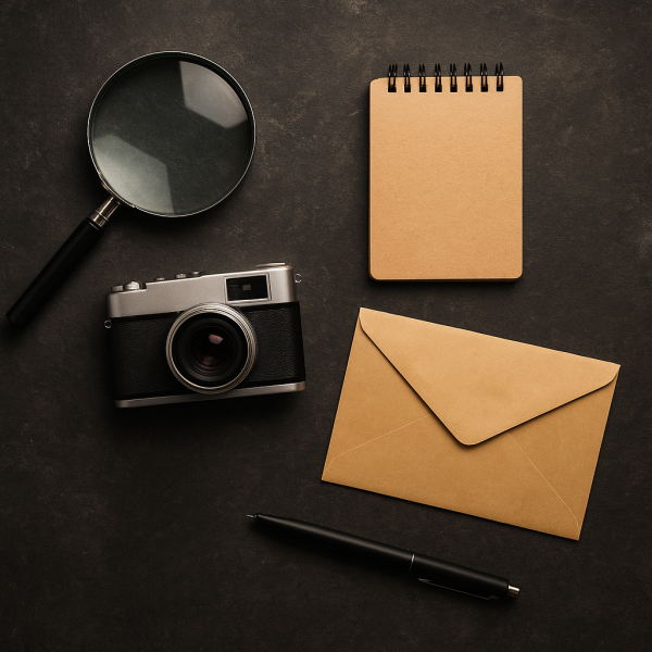어두운 책상 위에 돋보기, 필기노트, 빈티지 카메라, 봉투, 검은 펜이 평면 배치된 탐정 분위기의 데스크 이미지